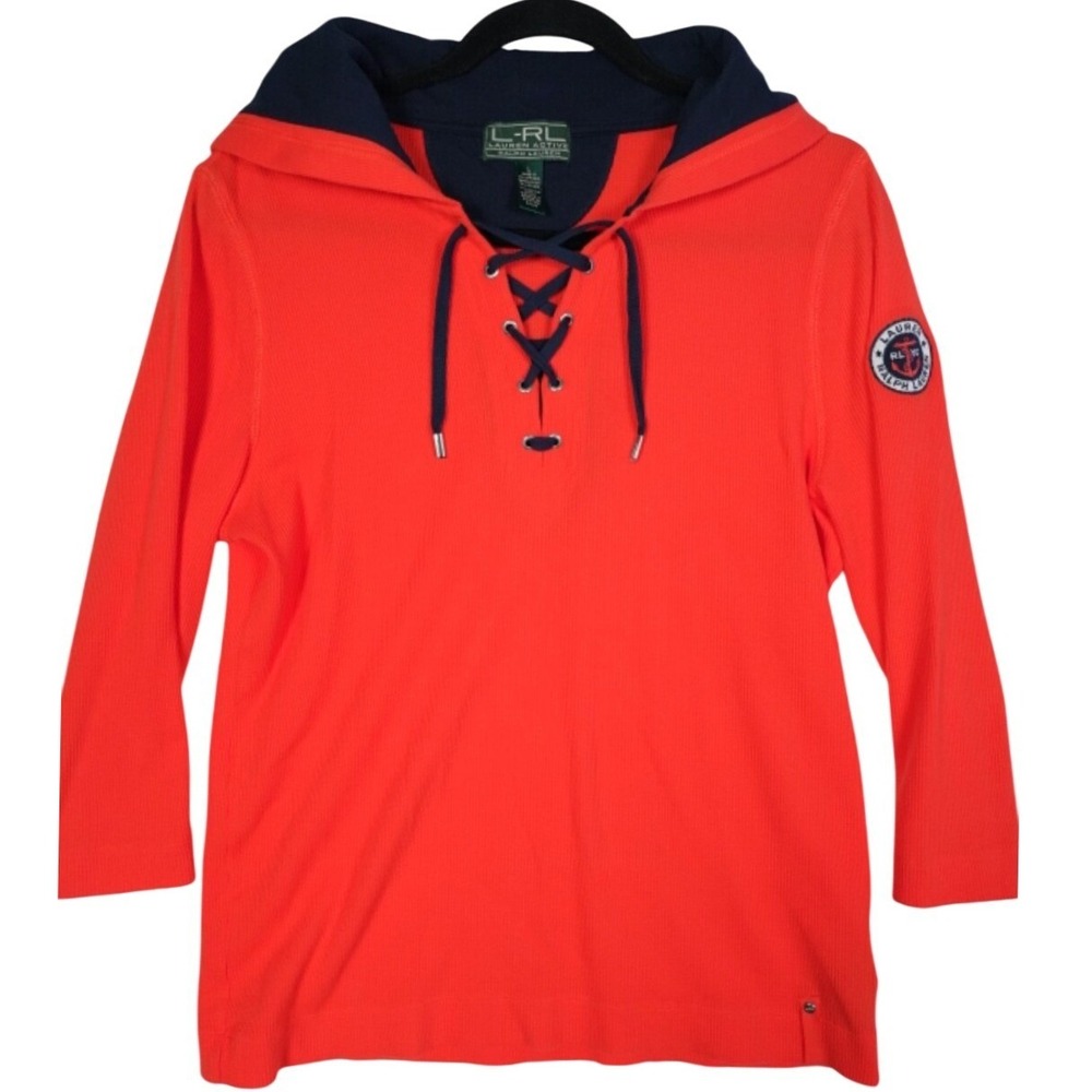 Lauren Ralph Lauren Active Orange Waffle Knit Lace Up‎ Hoodie Nautical Patch L